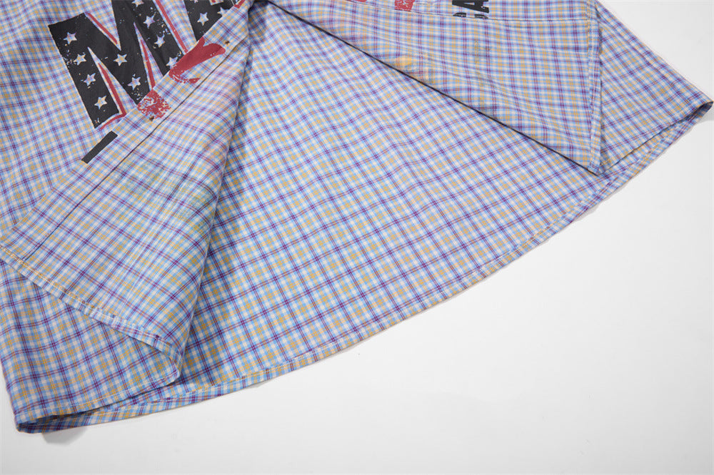 Plaid Long-Sleeve Shirt with Varsity Graphic Print and Contrast Collar