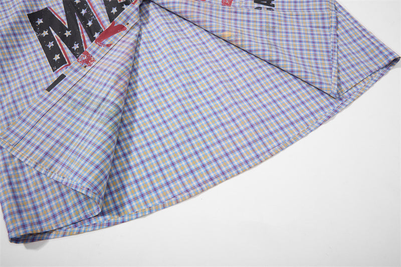 Plaid Long-Sleeve Shirt with Varsity Graphic Print and Contrast Collar