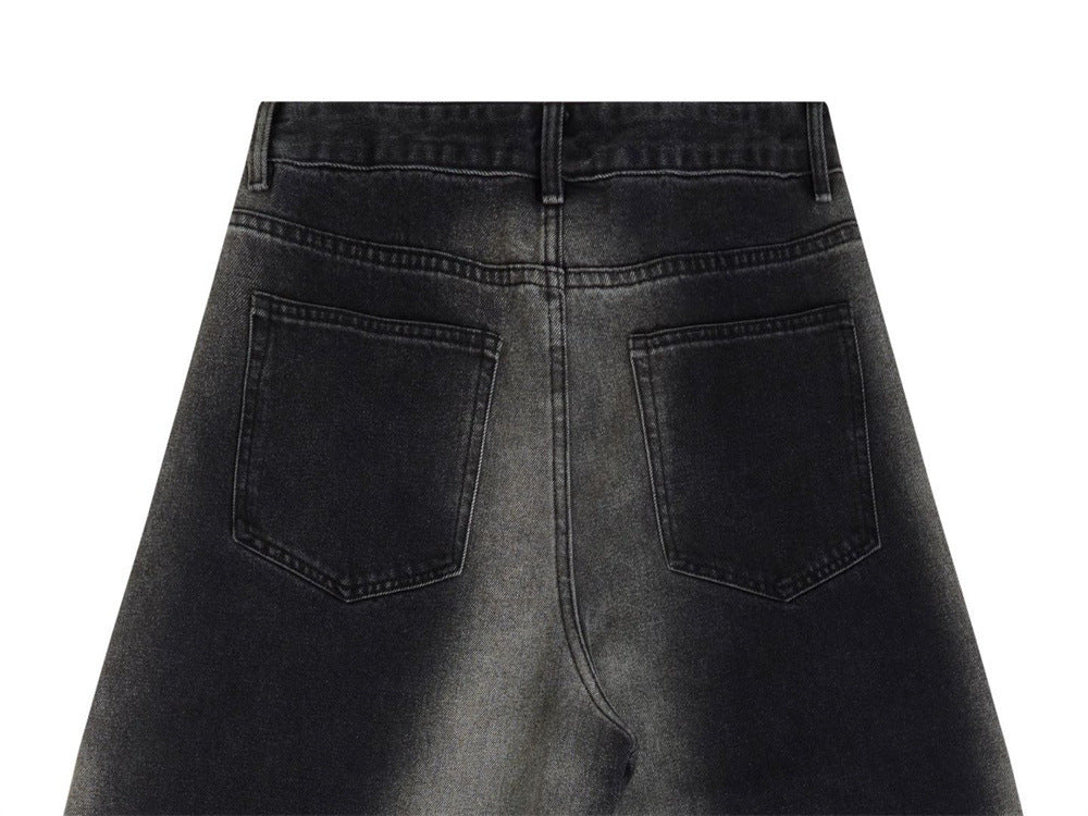Wide-Leg Gradient Washed Jeans – Deconstructed Curved Seam Baggy Denim