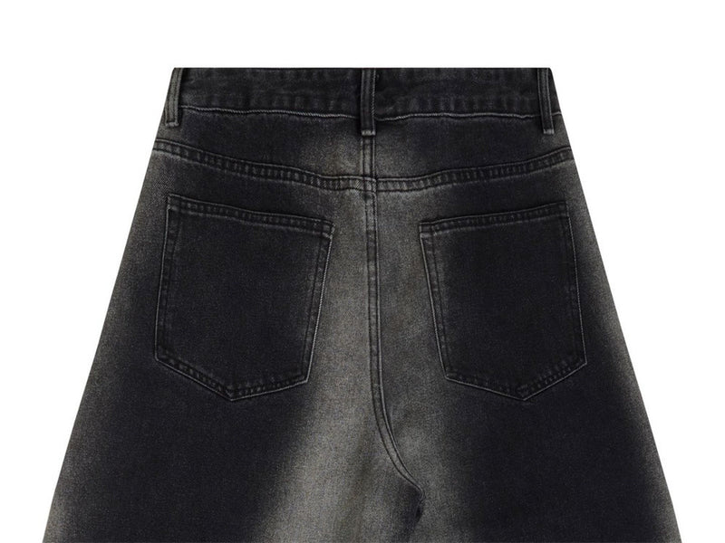 Wide-Leg Gradient Washed Jeans – Deconstructed Curved Seam Baggy Denim