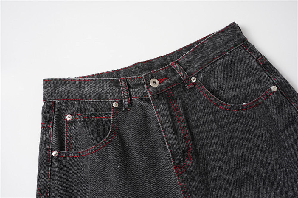 Wide Leg Jeans with Wing & Star Back Print, Red Contrast Stitching