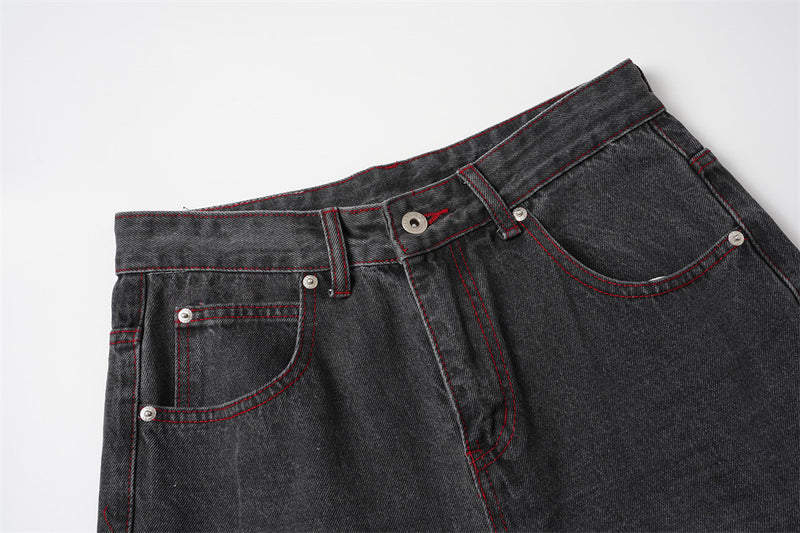 Wide Leg Jeans with Wing & Star Back Print, Red Contrast Stitching