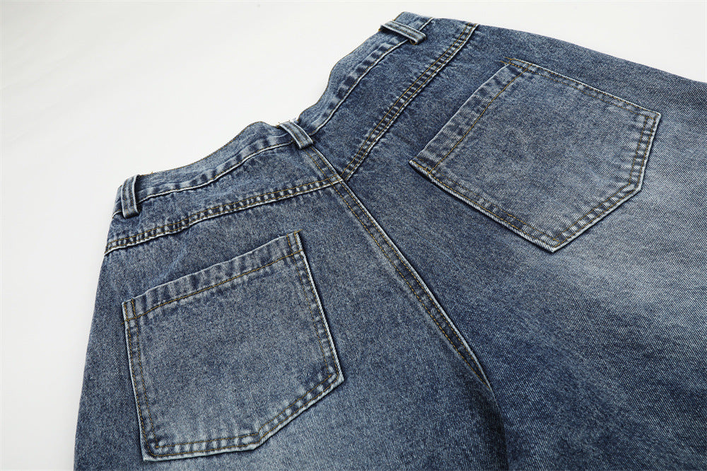 Cartoon Cat Embroidered Denim Shorts – Men's Wide Leg Vintage Washed Jean Shorts
