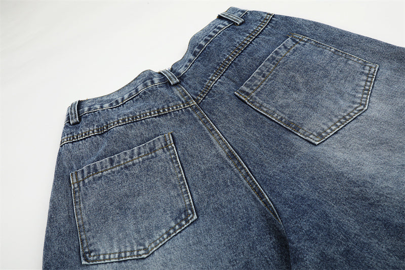 Cartoon Cat Embroidered Denim Shorts – Men's Wide Leg Vintage Washed Jean Shorts
