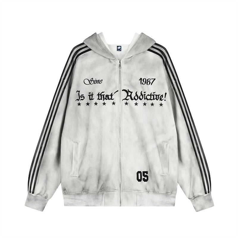 Distressed Tie-Dye Zip-Up Hoodie with Stripe Sleeves & Gothic Letter Graphic