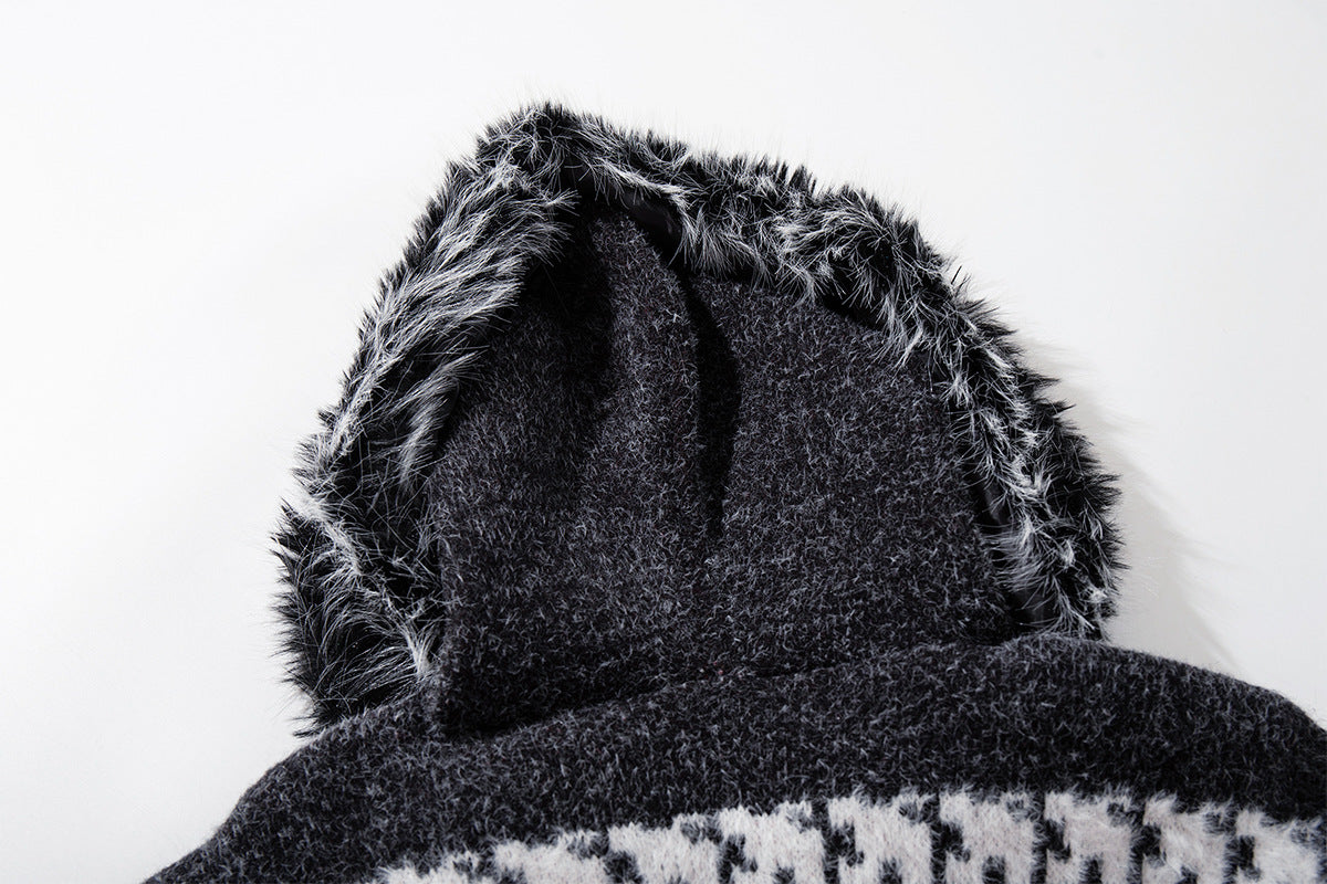 Paisley Fair Isle Knit Zip-Up Hoodie with Faux Fur Trim