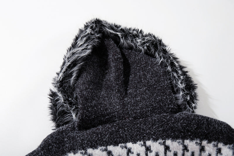 Paisley Fair Isle Knit Zip-Up Hoodie with Faux Fur Trim