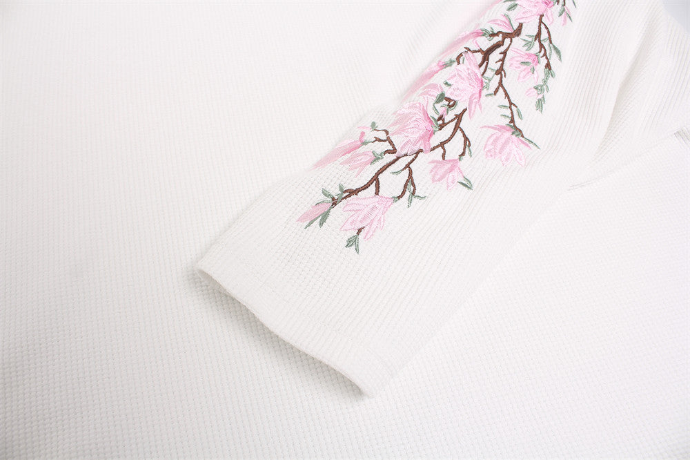 Mens Embroidered T Shirt – Floral Cherry Blossom Long Sleeve Crew Neck