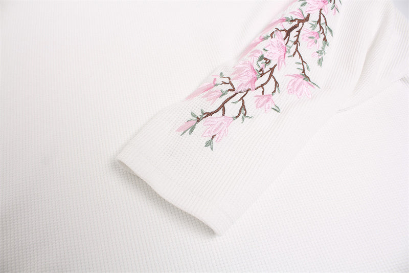 Mens Embroidered T Shirt – Floral Cherry Blossom Long Sleeve Crew Neck