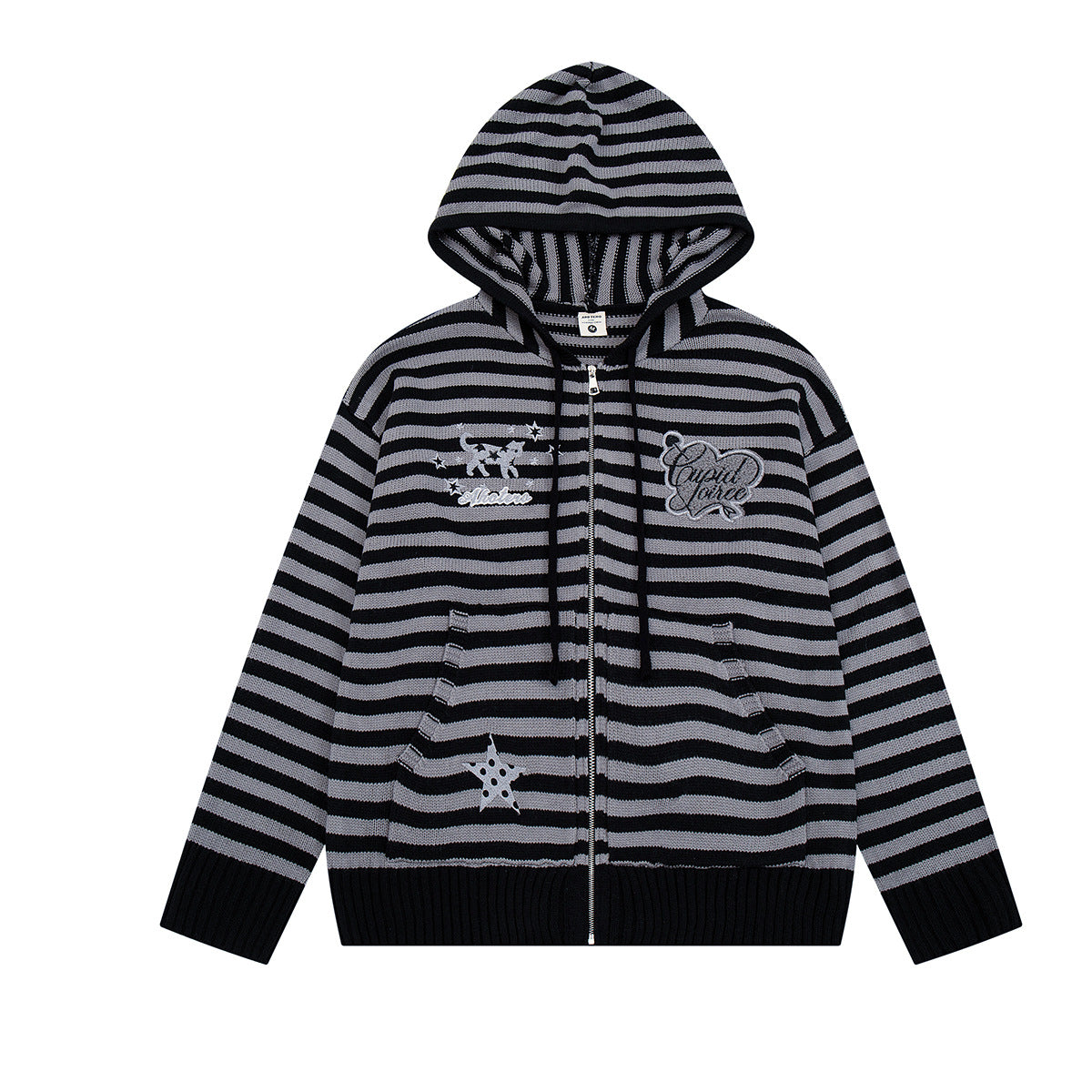 Y2K-Kapuzenjacke mit Reißverschluss – gestreifte Strickjacke mit Katzen- und Sternenstickerei