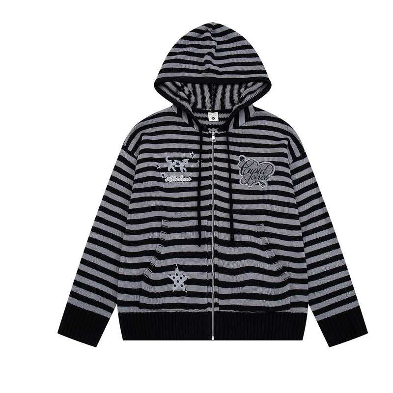 Y2K-Kapuzenjacke mit Reißverschluss – gestreifte Strickjacke mit Katzen- und Sternenstickerei