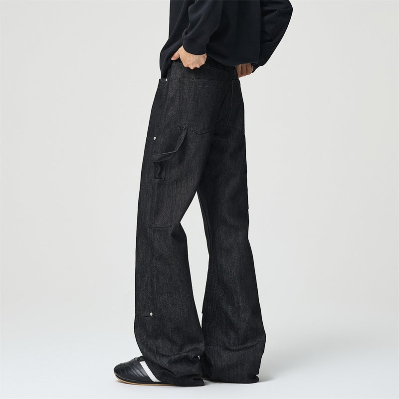Black Baggy Flare Cargo Jeans – Wide Leg Denim with Rivet & Patch Detail