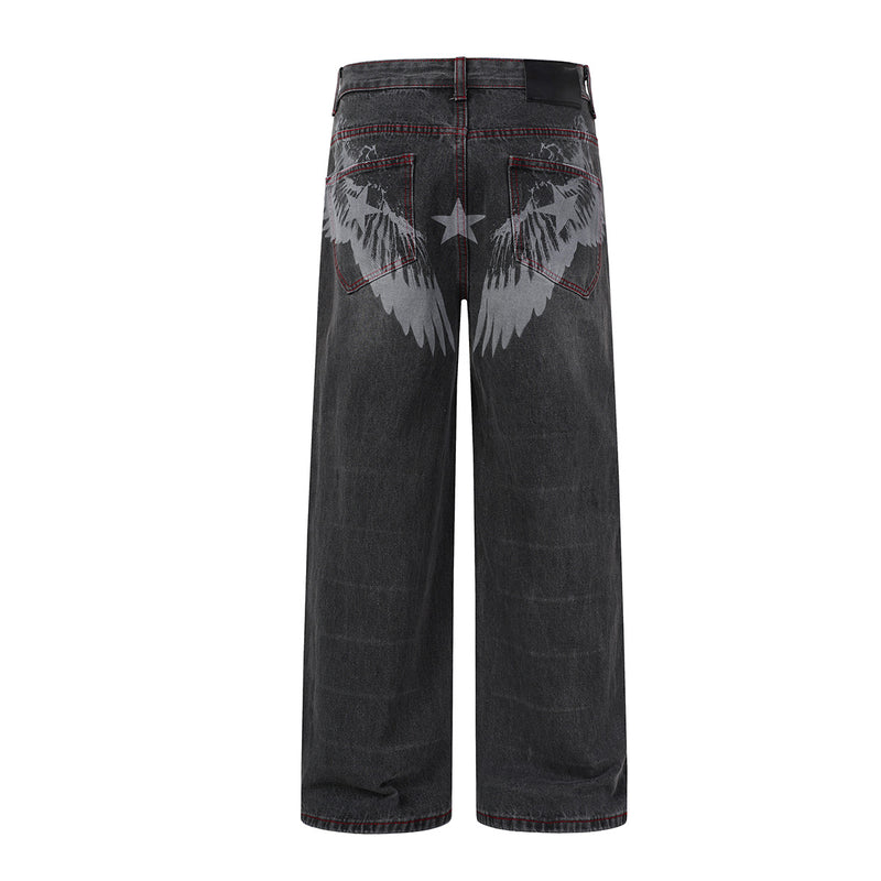 Wide-Leg Jeans Washed Black Gothic Wing Print with Red Contrast Stitching