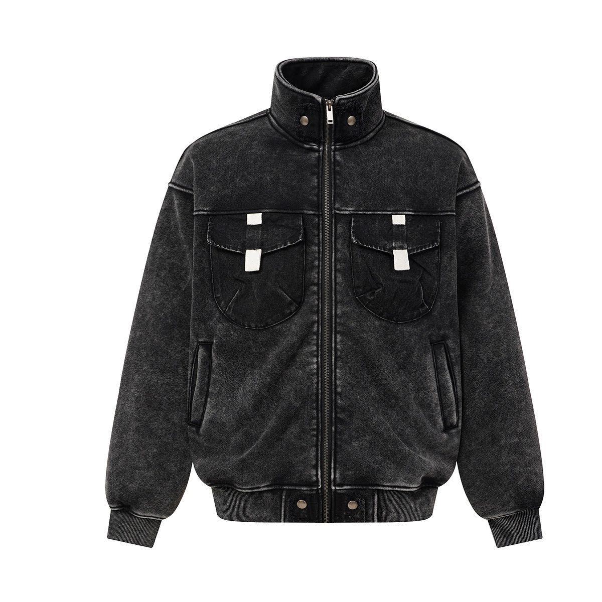 Men's vintage acid-washed fleece-lined boxy bomber jacket with chest patch pockets in washed black