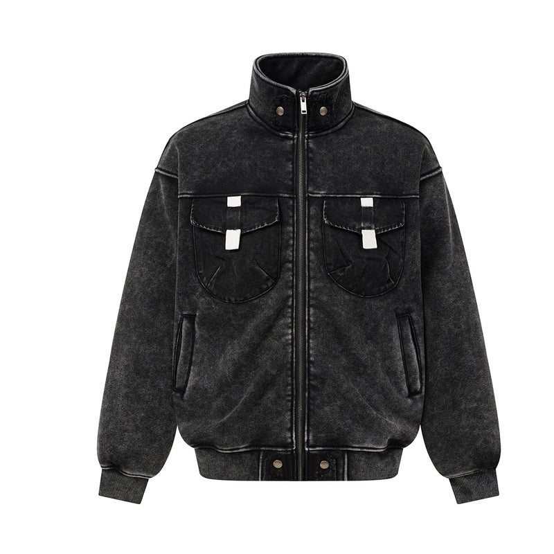 Men's vintage acid-washed fleece-lined boxy bomber jacket with chest patch pockets in washed black