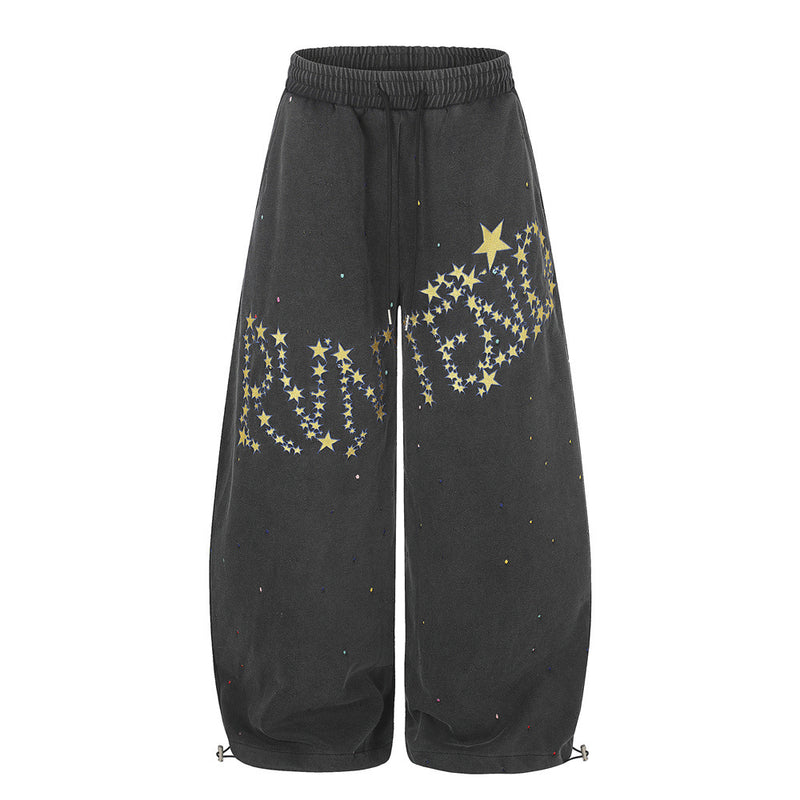 Pantalones de Chándal de Pierna Ancha con Estrellas Bordadas – Pantalones Streetwear Baggy Lavados al Ácido