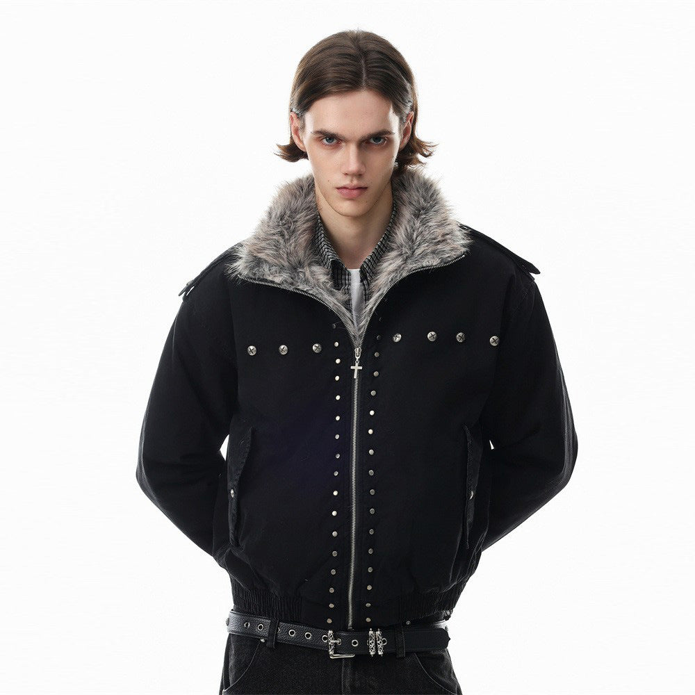 Men's black padded bomber jacket with faux fur collar and silver metal studs on chest and zip placket