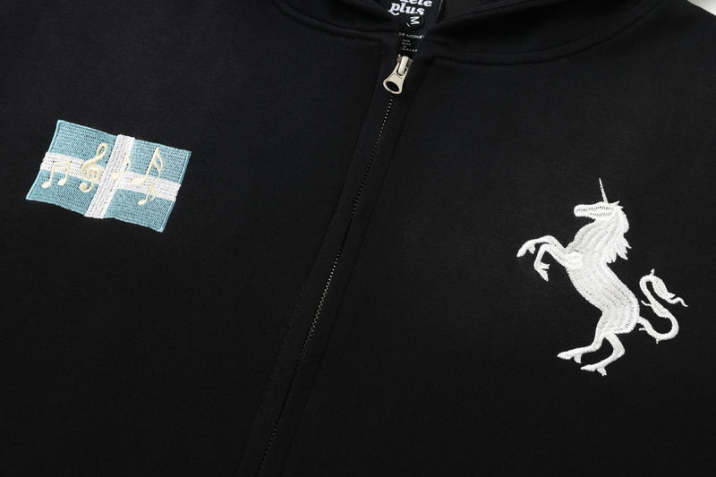 Zip-Hoodie mit aufgesticktem Einhorn und Badge-Patches – Gewaschener Farbverlauf