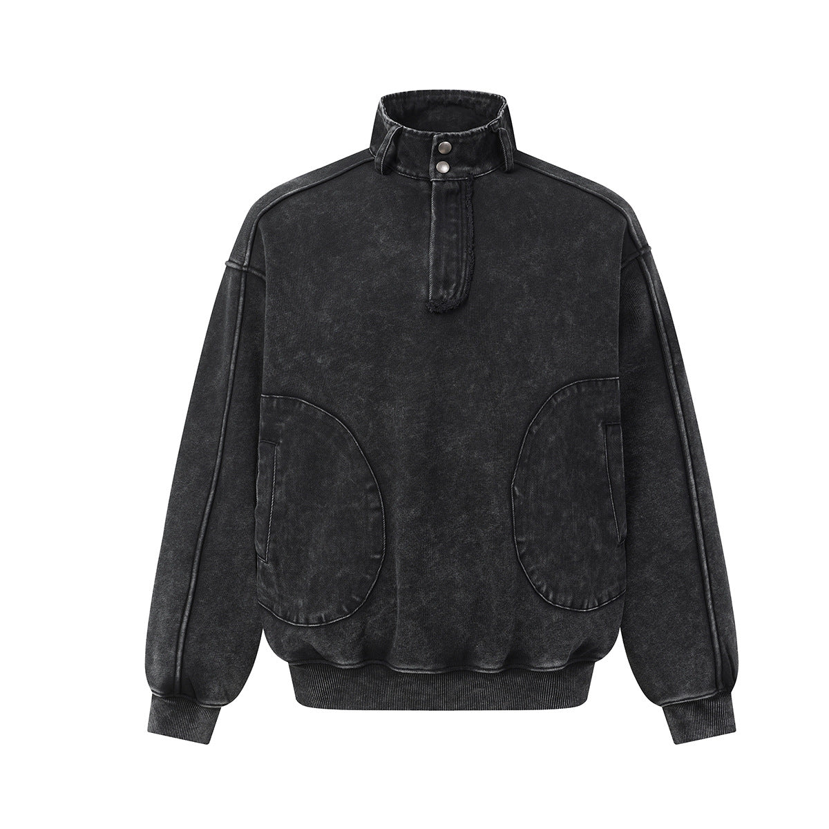 Acid Wash Mock Neck Snap Pullover Sweatshirt with Oversized Front Pockets