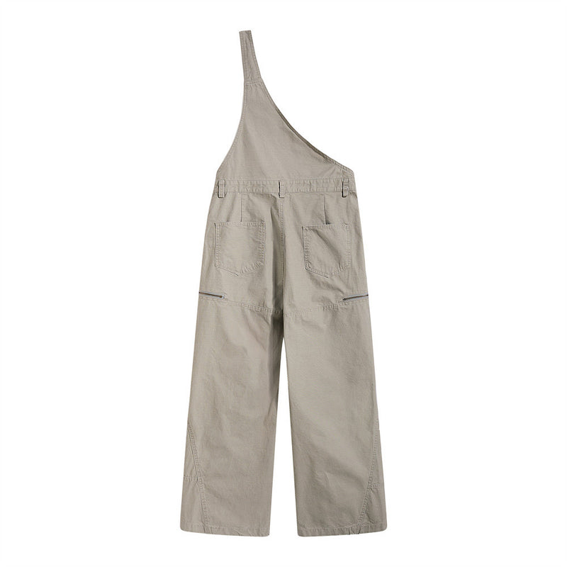 One-Shoulder Bib Overalls – Wide-Leg Cargo Pants with Zip Pockets & Pintuck
