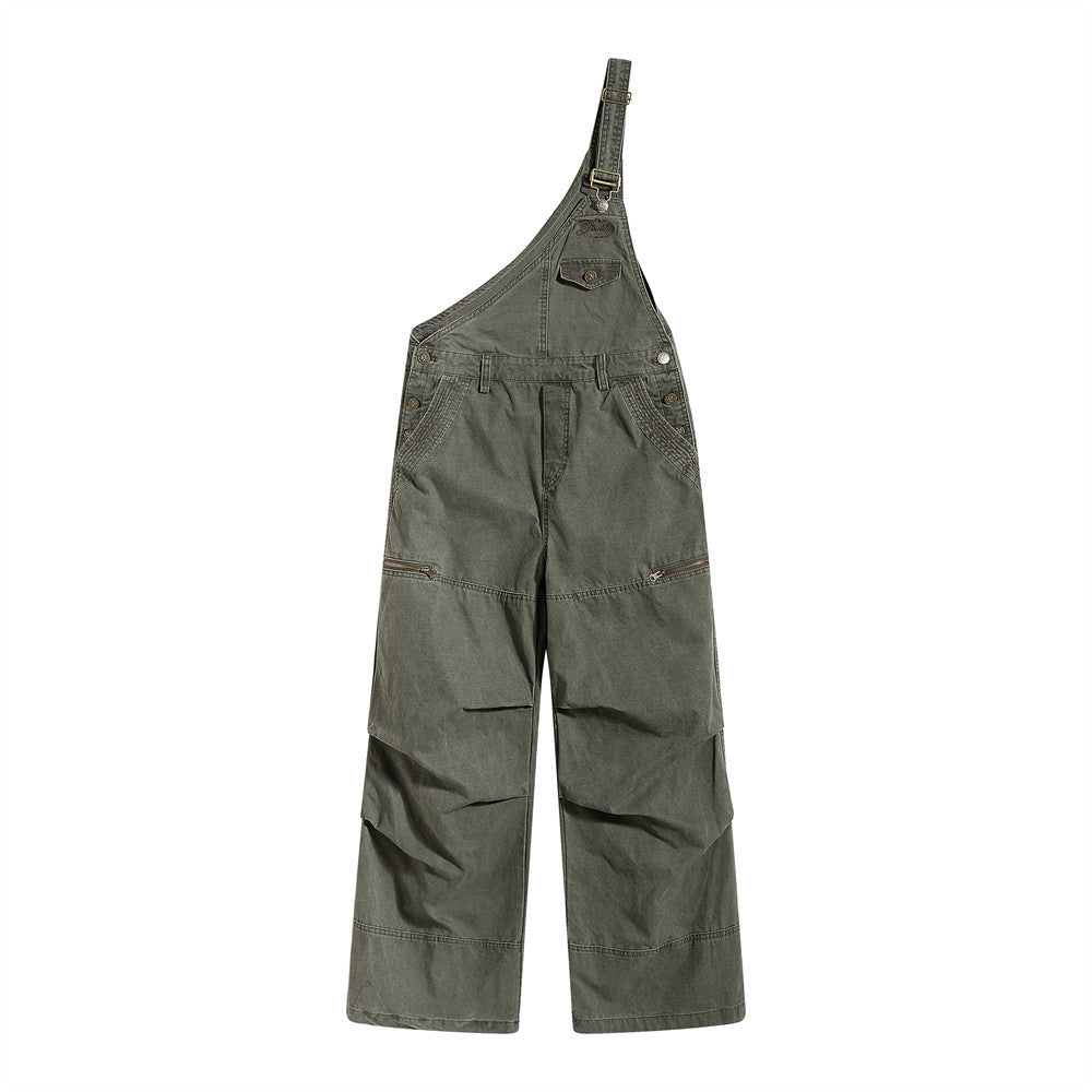 Men's one-shoulder wide-leg cargo bib overalls in army green with zip pockets and pintuck knee detail