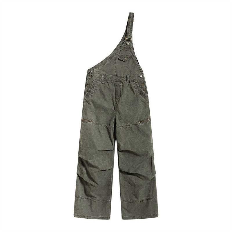 Men's one-shoulder wide-leg cargo bib overalls in army green with zip pockets and pintuck knee detail