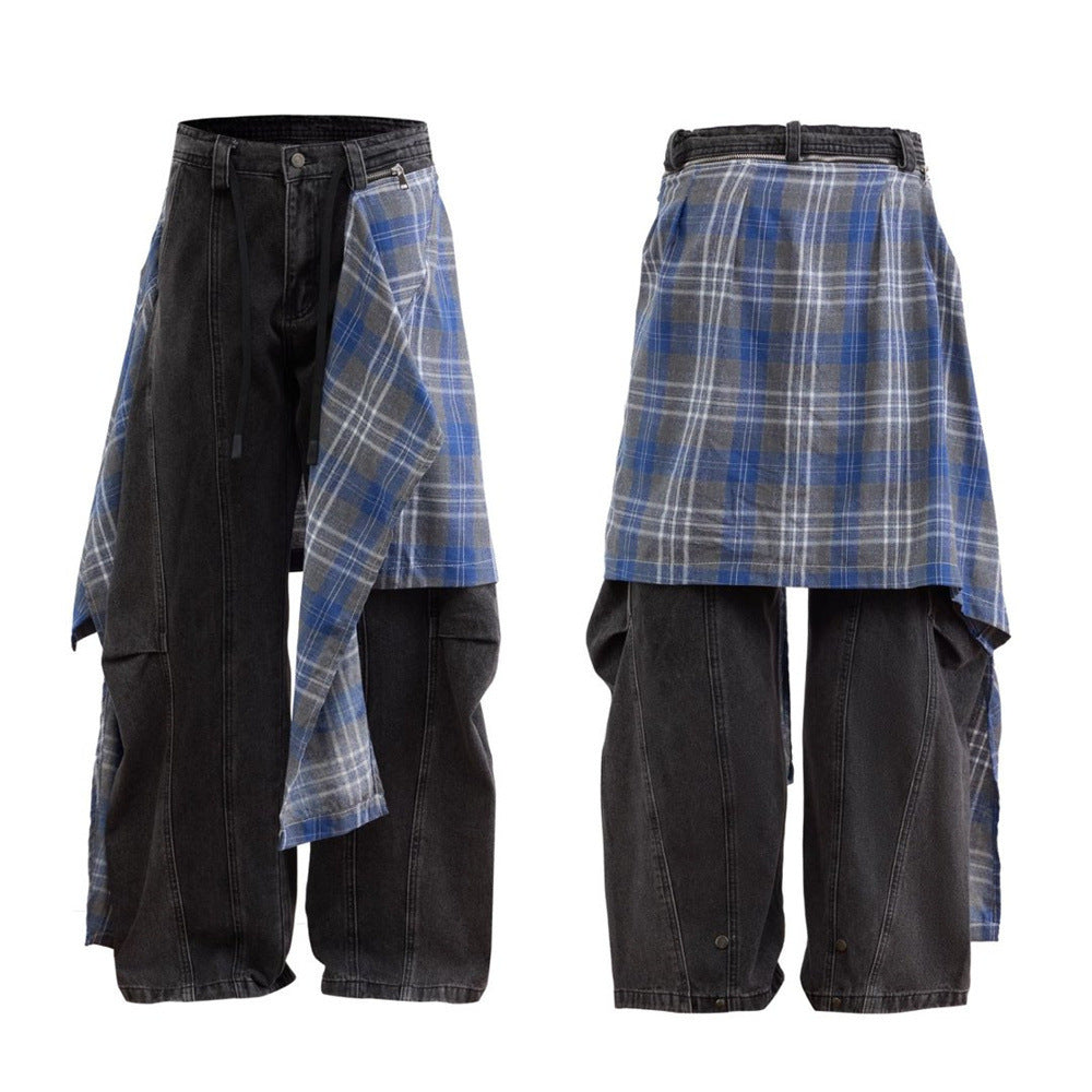 Wide-leg washed black jeans with detachable plaid flannel skirt overlay, front and back view, punk streetwear