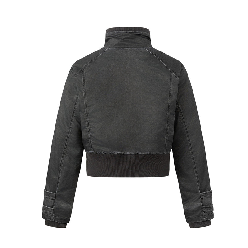 Military-Style Padded Bomber Jacket – Stand Collar, Double-Breasted Buttons