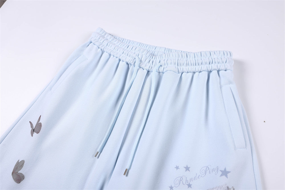 Wide-Leg Sweatpants with 3D Rose & Butterfly Print, Elastic Drawstring Waist