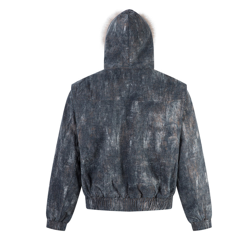 Washed Denim Bomber Jacket with Faux Fur Hood – Vintage American Style