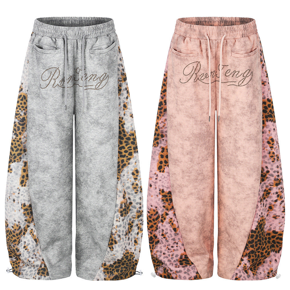 Tie-Dye Leopard Print Patchwork Wide-Leg Sweatpants
