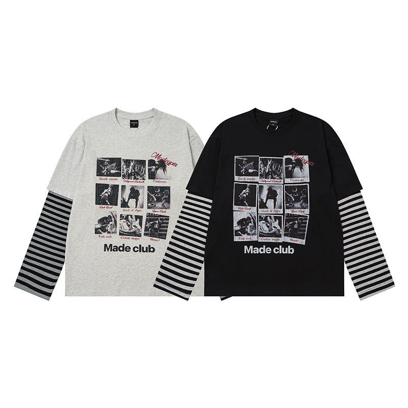 Long Sleeve T-Shirt Faux-Layered Rock Graphic Striped Sleeve Oversized Tee