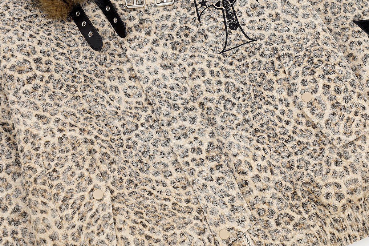 Leopard Print Fur Collar Bomber Jacket with Quilted Lining