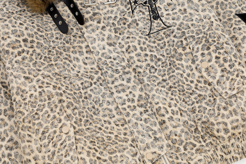 Leopard Print Fur Collar Bomber Jacket with Quilted Lining