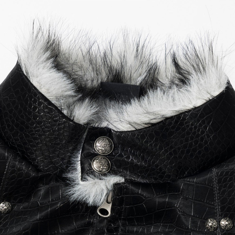 Chaqueta bomber de hombre con cuello de pelo – Cuero PU negro grabado efecto cocodrilo