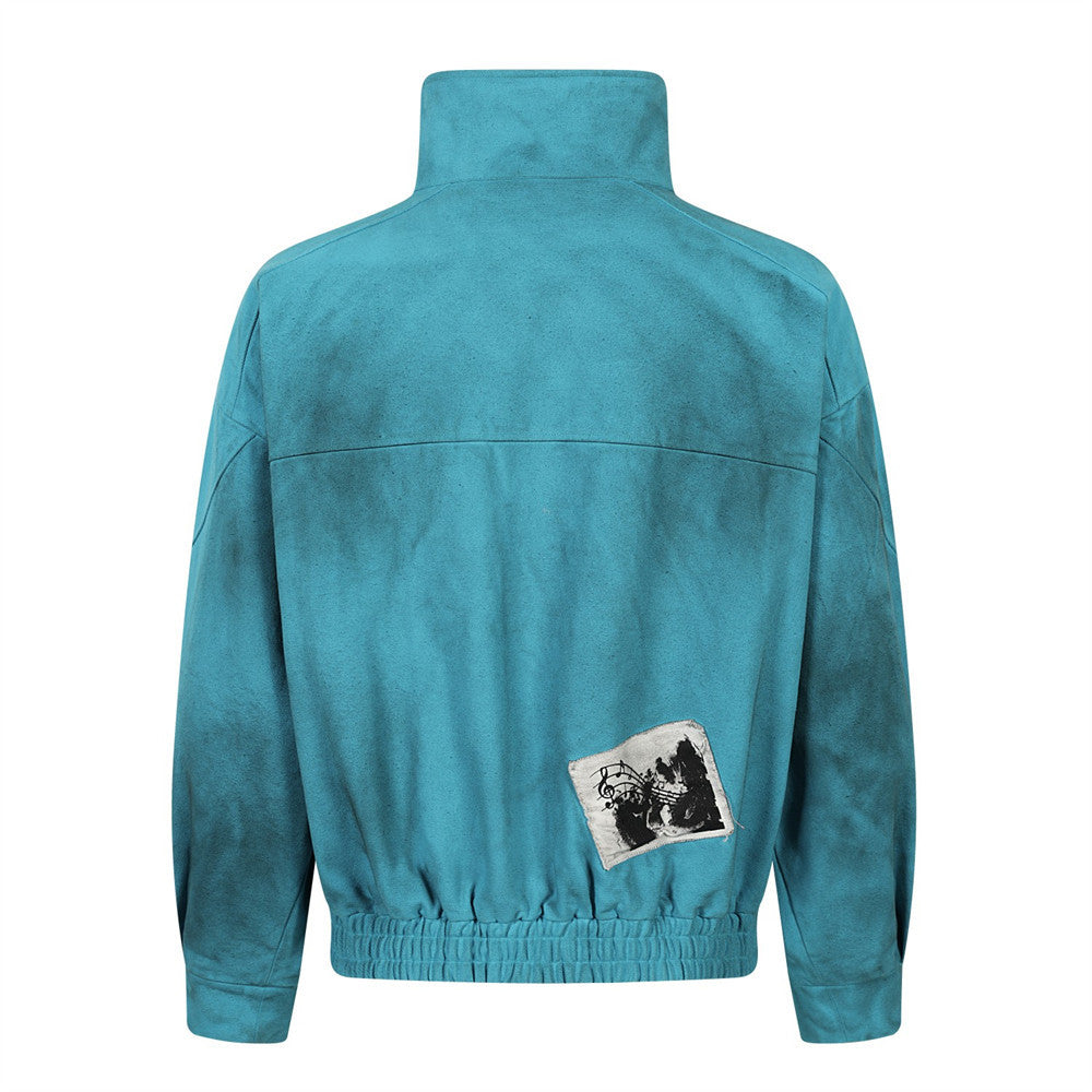 Distressed High-Collar Bomber Jacket – Teal Patch-Work Punk Workwear