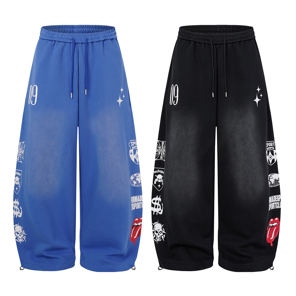 Wide-Leg Graphic Sweatpants – Streetwear Patch Print, Washed Finish