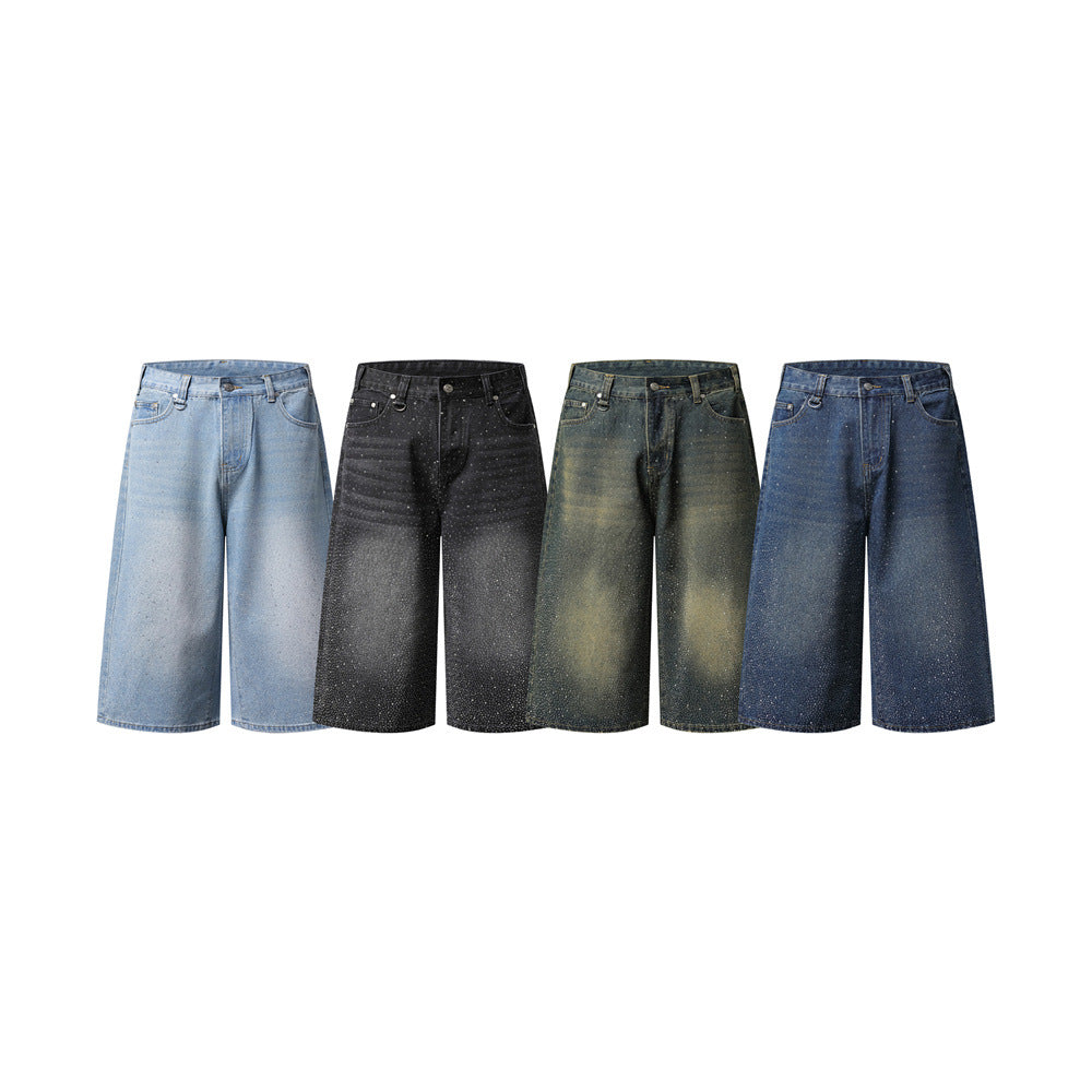 Wide-Leg Rhinestone Denim Shorts – Vintage Washed Straight-Cut Bermuda