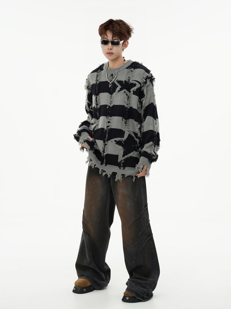 Pull oversize en maille rayée à étoiles délavée – Col rond à franges