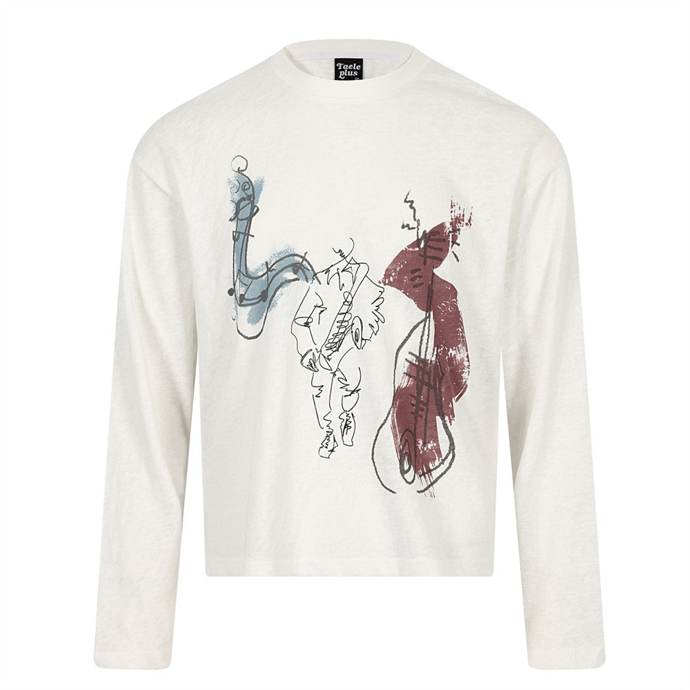 Long Sleeve T-Shirt with Abstract Jazz Musician Print – Crew Neck