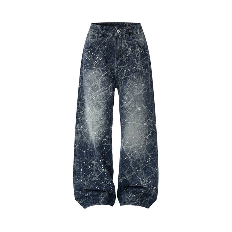 Full front view of wide-leg dark wash jeans with rhinestone constellation pattern