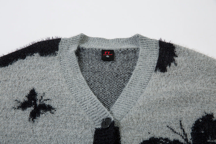 Gilet cardigan en maille jacquard papillon – Col V oversize, maille couple