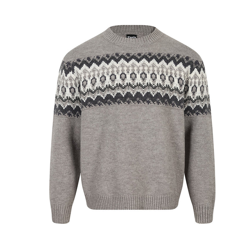 Fair Isle jacquard knitted crew neck sweater in heather grey with charcoal and white geometric yoke pattern