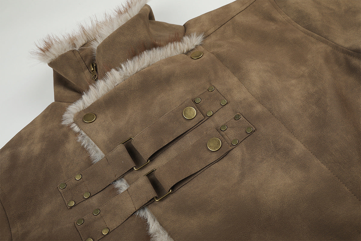 Faux Suede Shearling-Lined Moto Jacket with Buckle Straps