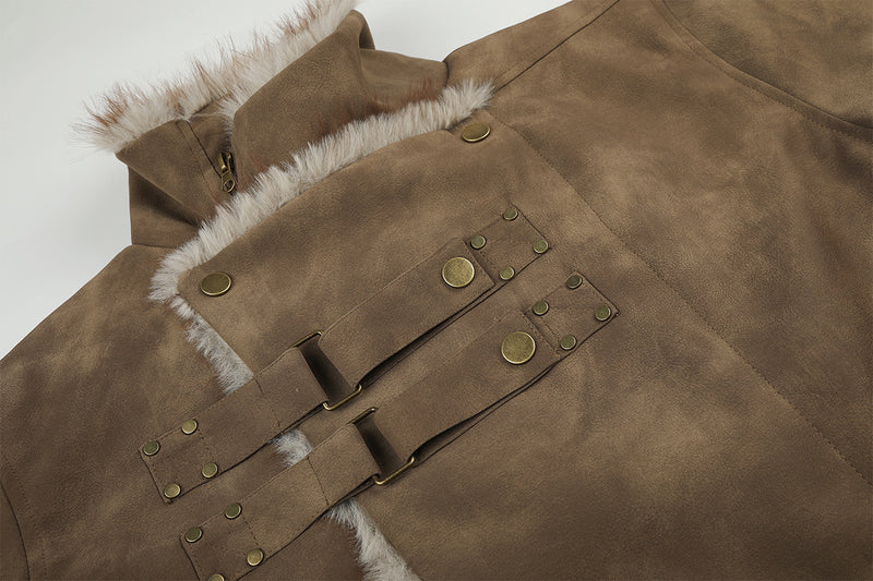 Faux Suede Shearling-Lined Moto Jacket with Buckle Straps