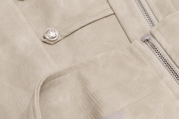 Military-Style Faux Leather Jacket – Punk Band Collar with Decorative Buttons