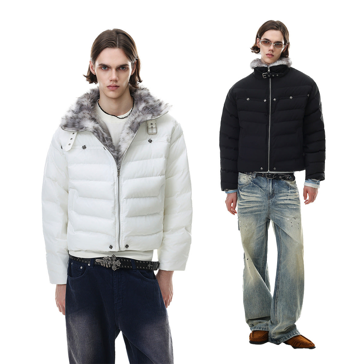 Cropped puffer jacket with faux-fur collar and cross hardware studs in white, worn with dark wide-leg jeans
