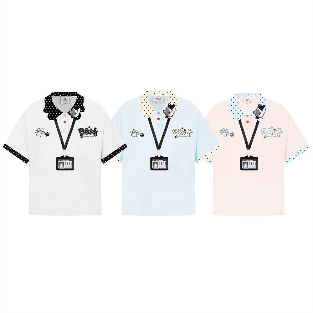 BKids Battlekid Storm Anime Cat Embroidery Polo Shirt with ID Card Lanyard