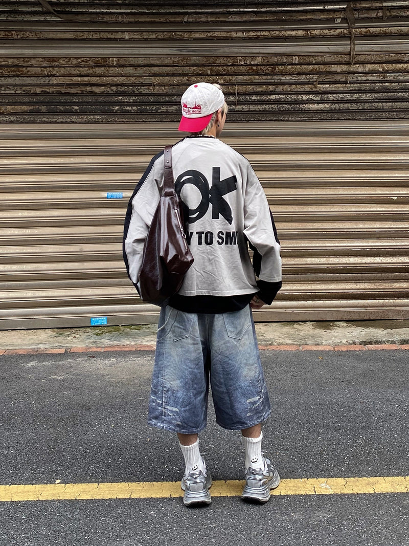 T-shirt graphique color-block à manches longues – Haut streetwear oversize bicolore délavé