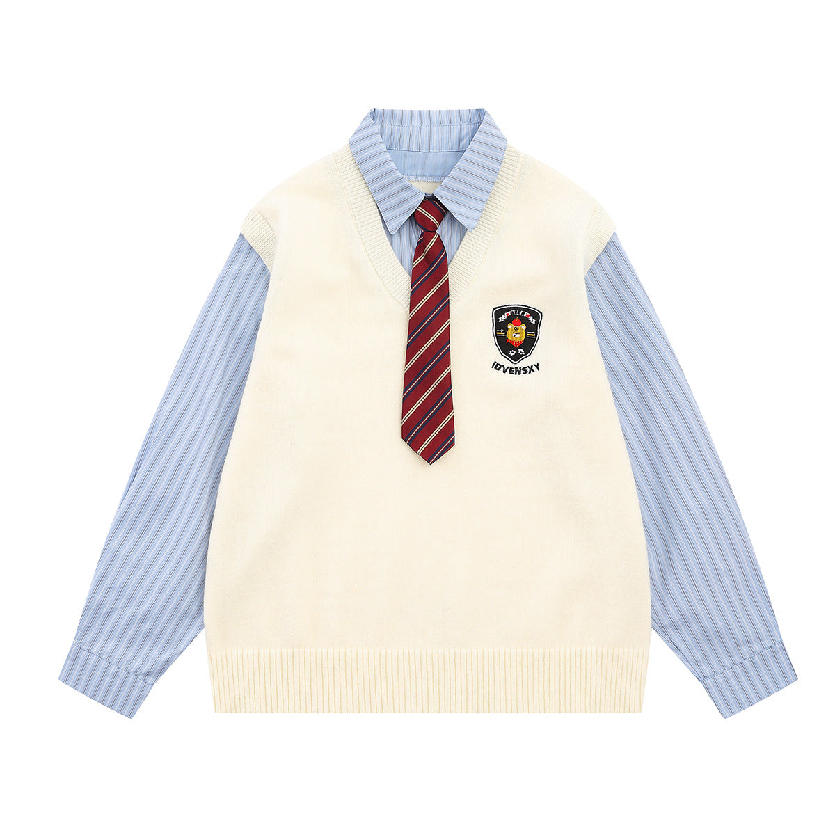Campus-Style Knit Sweater Vest Layered Shirt with Badge Patch and Striped Tie